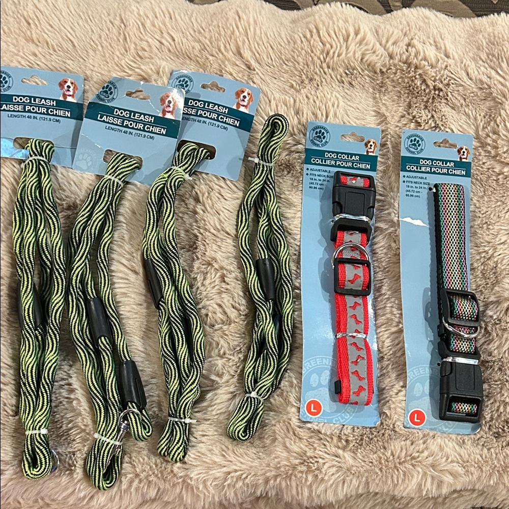Dog leashes-GK Neon Green Dog Leash(s) and (2) dog collars . Whole set . NEW!